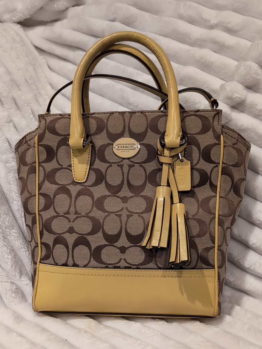 Coach Brown Signature Canvas Tote with Yellow Trim